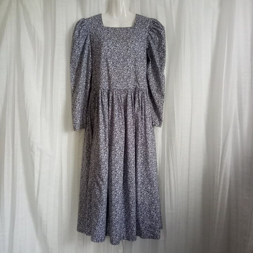Vintage Laura Ashley 1980s Prairie Dress M 8 Blue Floral Print Puff Sleeves